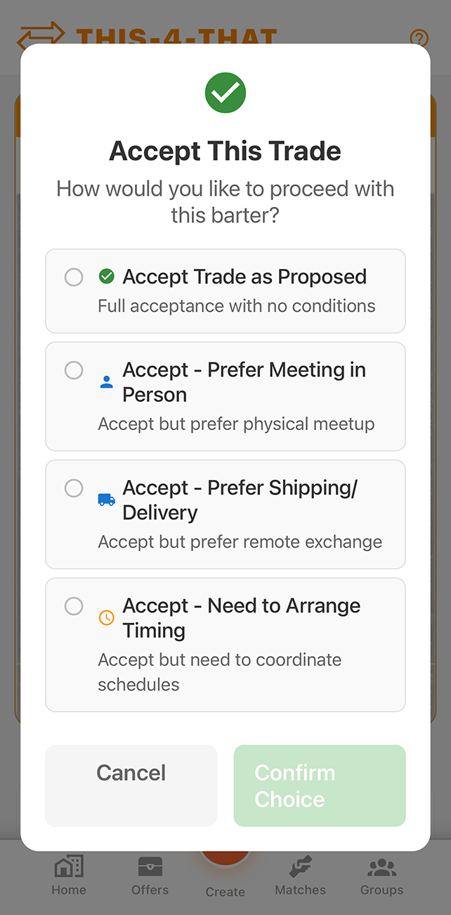 Accept trade screen
